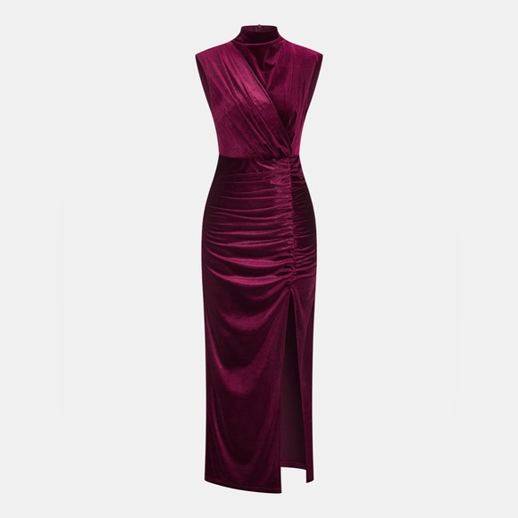 Commense Dresses & Skirts - CoMMENSE Sleeveless Side Slit Velvet Mock Neck Maxi Dress NWT - Burgundy Large